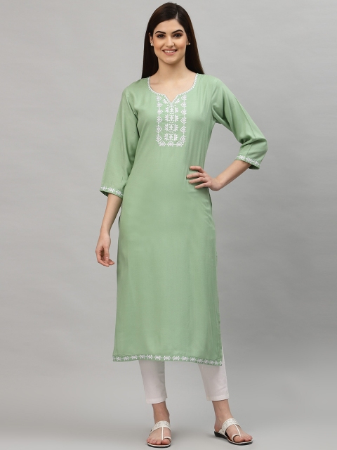 

ALC Creations Women Green & Silver-Toned Geometric Yoke Design Thread Work Kurta