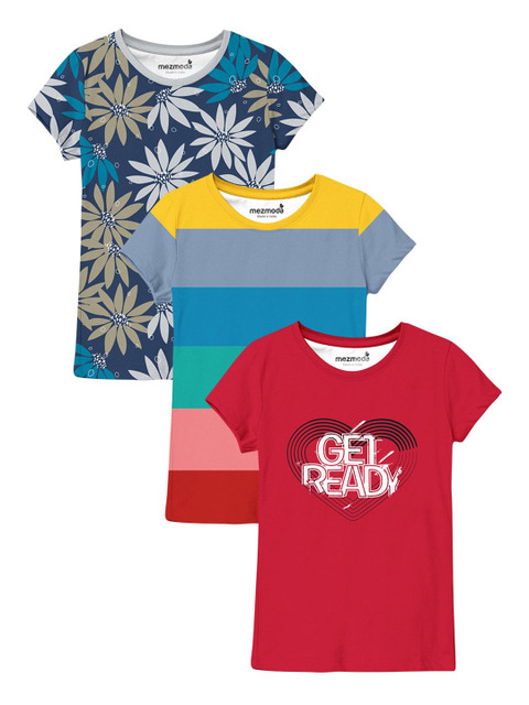 

mezmoda Girls Pack of 3 Printed T-shirts, Blue