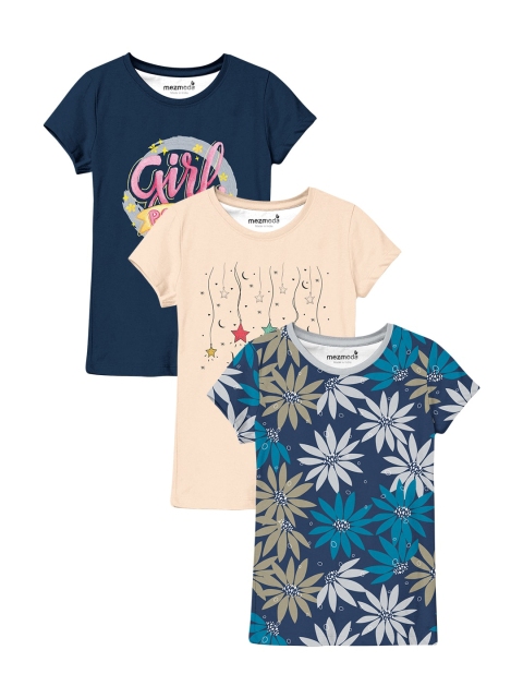 

mezmoda Girls Pack Of 3 Typography Printed Tropical T-shirt, Navy blue