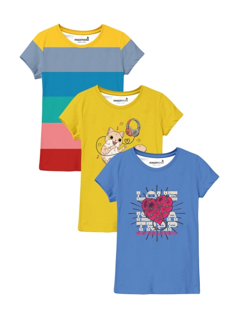 

mezmoda Girls Pack of 3 Printed T-shirts, Blue