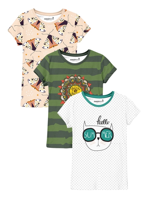 

mezmoda Girls Pack of 3 Striped T-shirts, Green