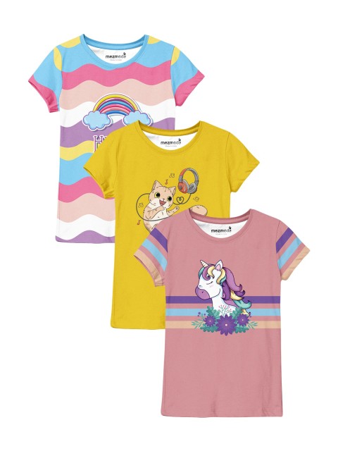 

mezmoda Set Of 3 Girls Multicoloured Printed T-shirt, Multi