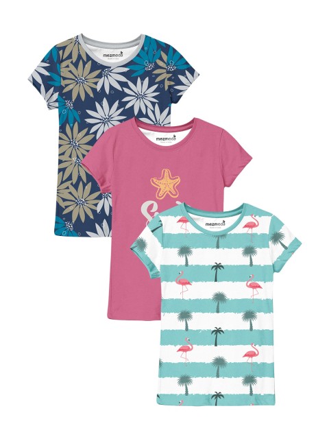 

mezmoda Girls Pack of 3 Printed T-shirts, Pink