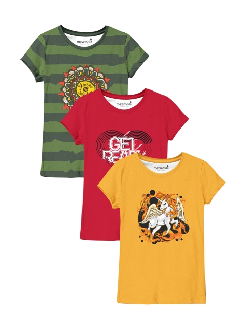 

mezmoda Girls Pack Of 3 Printed T-shirt, Green