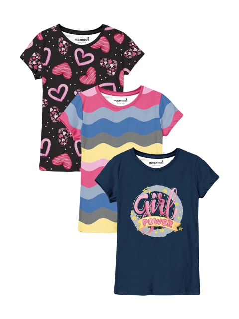 

mezmoda Girls Pack Of 3 Printed T-shirt, Black