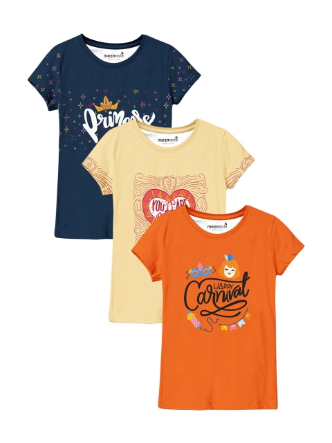 

mezmoda Girls Pack of 3 Printed T-shirts, Orange