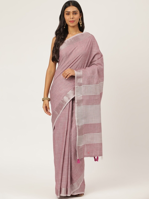 

KARAGIRI Pink & Silver-Toned Zari Linen Blend Saree