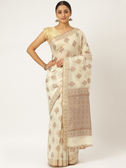

KARAGIRI White & Gold-Toned Ethnic Motifs Zari Polycotton Saree