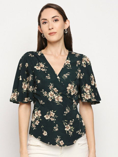 

LYKKEIN Green Floral Print Wrap Top
