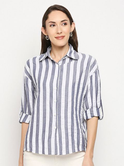 

LYKKEIN Blue Striped Roll-Up Sleeves Shirt Style Top