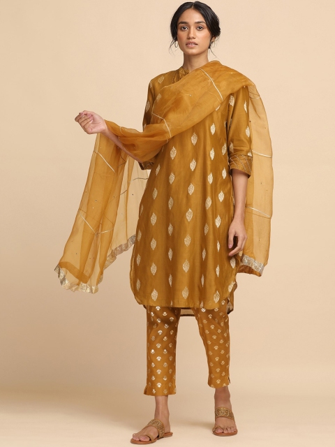 

W The Folksong Collection - Women Mustard Cotton Silk Jacquard Kurta, Yellow