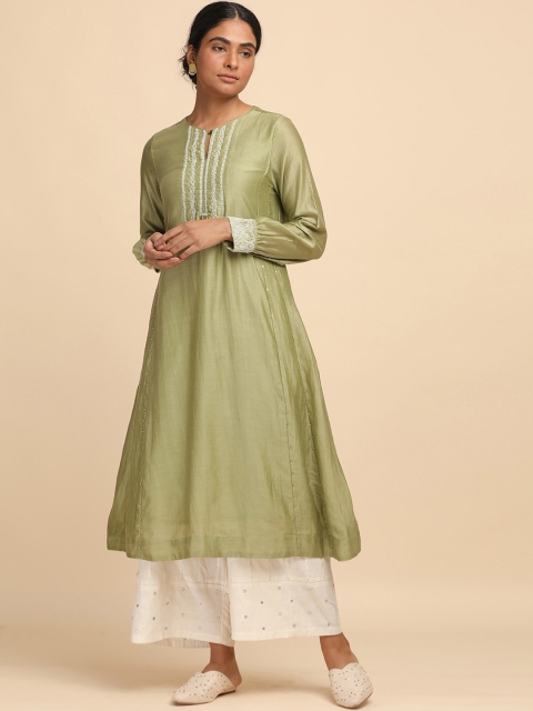 

W The Folksong Collection - Women Pastel Green Beadwork Kurta In Cotton Silk