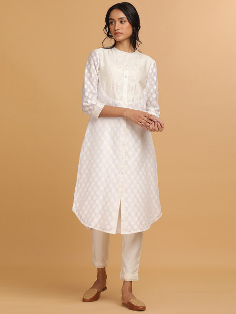 

W The Folksong Collection - Women Ecru Cotton Silk Tonal Dobby Shirt Dress, White