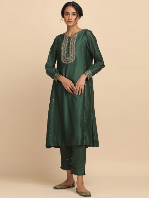 

W The Folksong Collection - Women Dark Green Cotton Silk Kurta, Teal