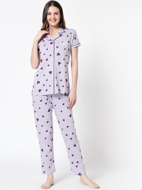 

Zeyo Women Lavender & Black Pure Cotton Printed Plus Size Night suit