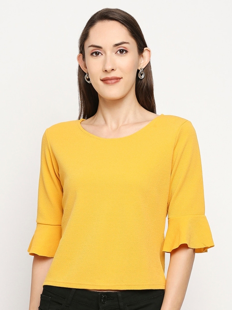 

LYKKEIN Yellow Solid Bell Sleeves Top