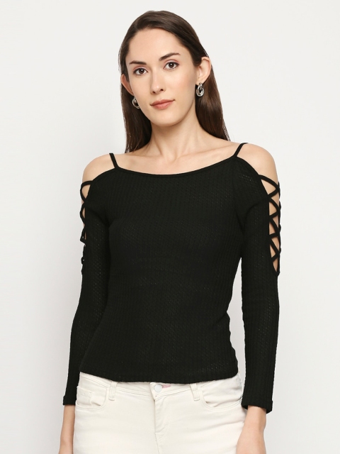 

LYKKEIN Women Black Knitted Cotton Top