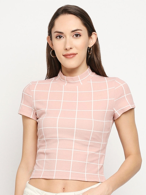 

LYKKEIN Women Pink & White Checked Polo Collar Pockets T-shirt