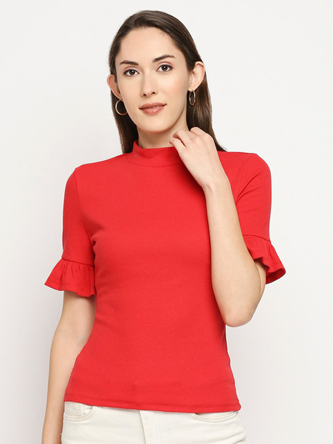 

LYKKEIN Women Red Solid T-shirt