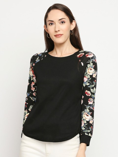 

LYKKEIN Women Black Floral T-shirt