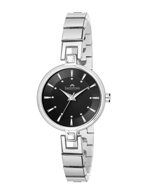 

SWISSTONE Women Black Brass Dial & Silver Toned Bracelet Style Straps Analogue Watch