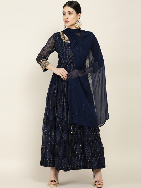 

Soch Navy Blue Ethnic Motifs Embroidered Silk Georgette Kurta with Churidar & Dupatta