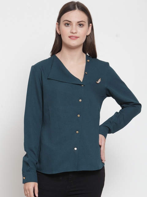 

armure Women Teal Assymetrical Neck Shirt Style Top