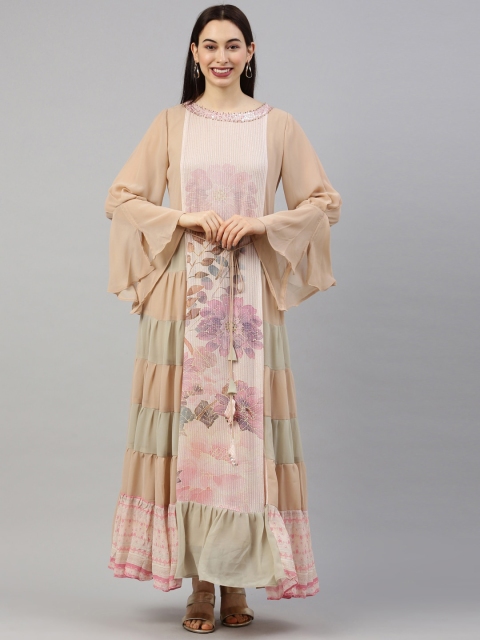 

GOLDSTROMS Women Peach-Coloured & Pink Printed Bell Sleeves Georgette Kurta