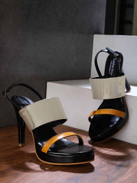 

LONDON STEPS Gold-Toned & Black Colourblocked Stiletto Sandals