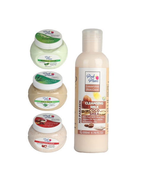 

Pink Plums Pack of 4 Cucumber Aloe Vera Fruity Mix & Cocoshea Facial Kit-250-200ml, Multi