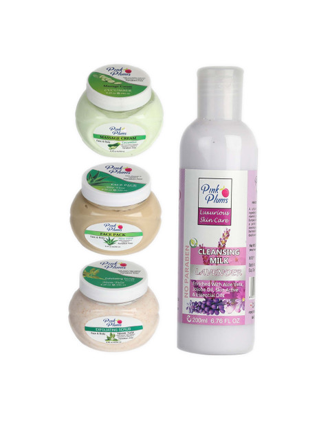 

Pink Plums Pack of 4 Cucumber Aloe Vera Neem Tulsi & Lavender Facial Kit-250-200ml, Multi