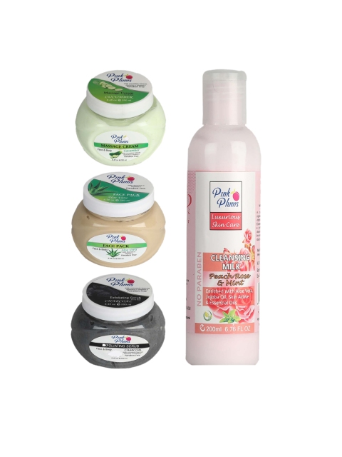 

Pink Plums Pack of 4 Cucumber Aloe Vera Charcoal Peach Rose & Mint Facial Kit-250-200ml, Multi