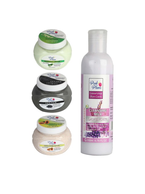 

Pink Plums Pack of 4 Cucumber Charcoal Lavender & Papaya Facial Kit-250-200ml, Multi