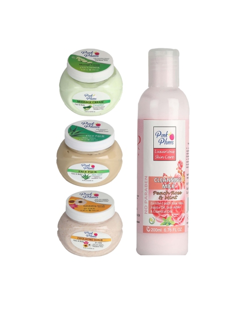 

Pink Plums Pack of 4 Cucumber Peach Rose & Mint Facial Kit-250-200ml, Multi