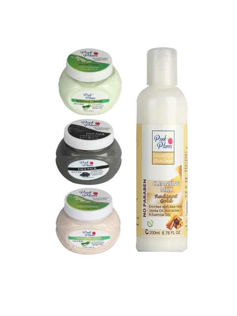 

Pink Plums Pack of 4 Cucumber Charcoal Gold Aloe vera Facial Kit-250-200ml, Multi