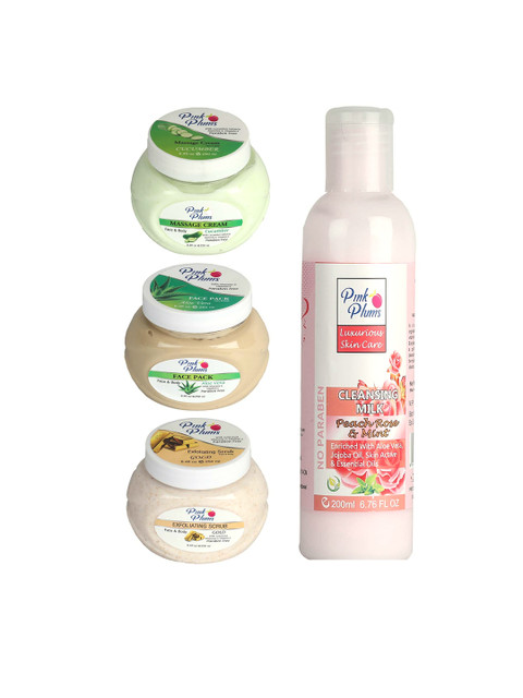 

Pink Plums Pack of 4 Cucumber Charcoal Gold Apricot Facial Kit-250-200ml, Multi