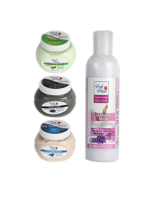 

Pink Plums Pack of 4 Cucumber Charcoal Gold Apricot Facial Kit-250-200ml, Multi