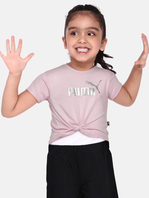 

Puma Girls Pink & Silver-Toned Brand Logo Printed Knotted T-shirt