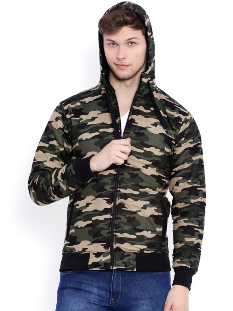 

Campus Sutra Olive Green & Beige Camouflage Print Hooded Bomber Jacket