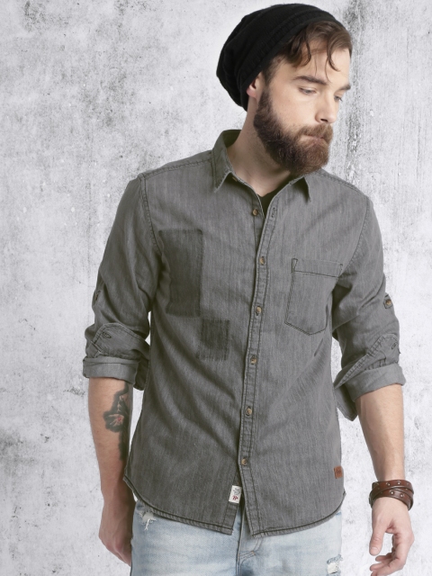 

Roadster Men Grey Denim Faded Casual Shirt