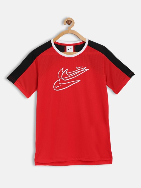 

Nike Boys Red Dri-FIT PERF Collection HBR Brand Logo Printed T-shirt
