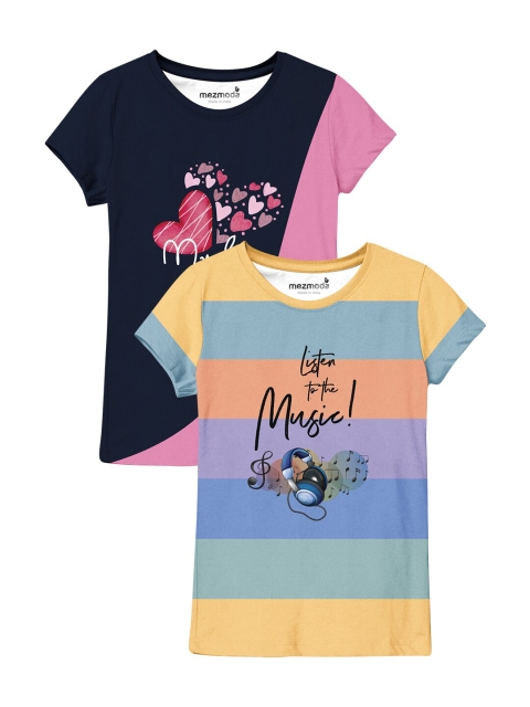 

mezmoda Girls Pack Of 2 Multicoloured Typography Printed T-shirt, Multi