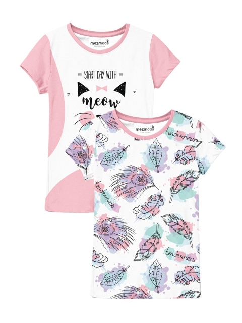 

mezmoda Girls Pack of 2 Pink & White Printed T-shirts