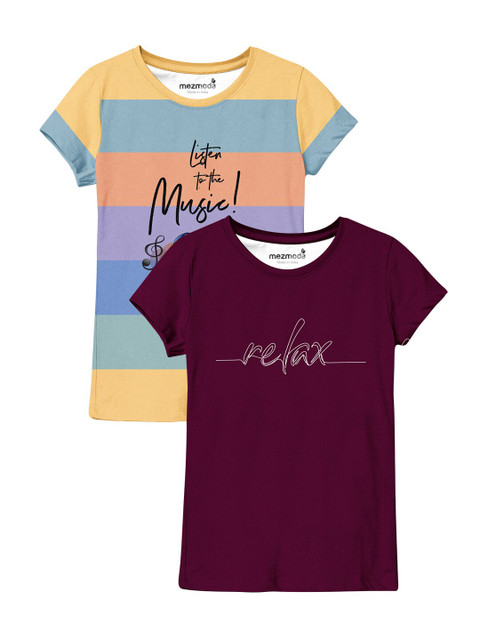 

mezmoda Girls Pack-2 Typography Printed T-shirt, Burgundy