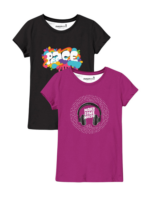 

mezmoda Girls Pack of 2 Printed T-shirt, Black