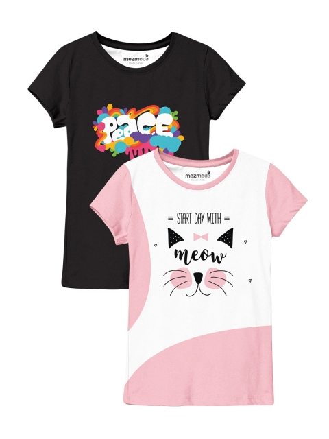 

mezmoda Set Of 2 Girls Multicoloured Typography Printed T-shirt, Multi