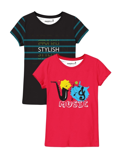 

mezmoda Girls Red & Black Typography 2 Printed Applique T-shirt