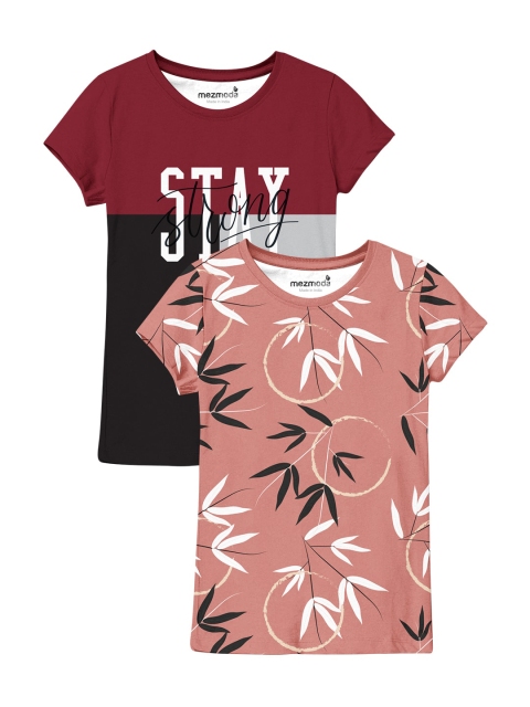 

mezmoda Girls Peach-Coloured & Maroon Floral Set Of 2 Printed Tropical T-shirt