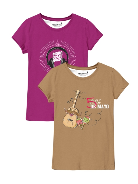 

mezmoda Girls Pack Of 2 Pink & Brown Typography Printed T-shirt