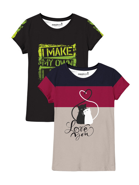 

mezmoda Girls Pack Of 2 Black & Beige Printed T-shirts
